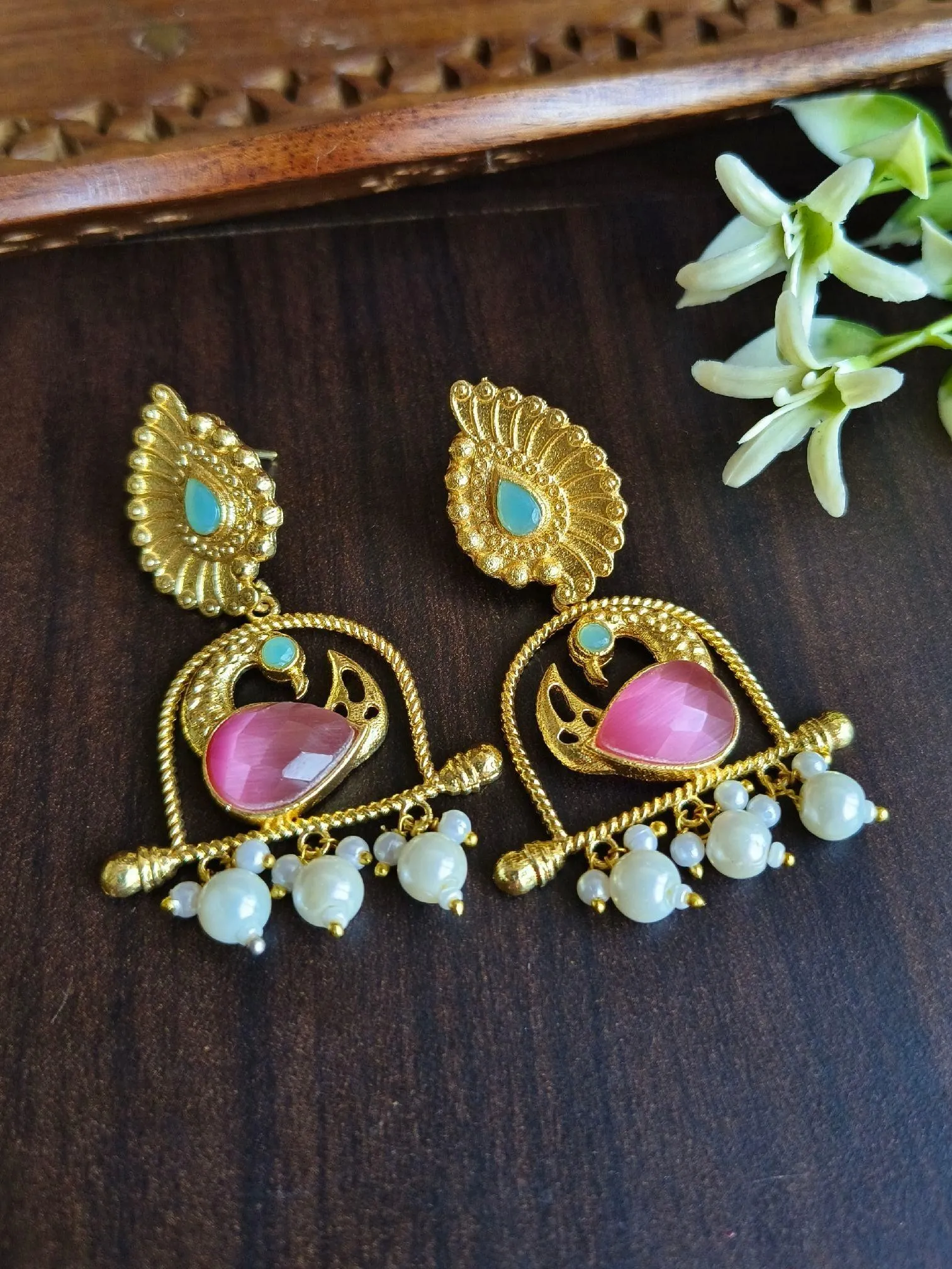 Brass Golden Finish Peacock Danglers with Pearl & Monalisa Stone | Sarichka