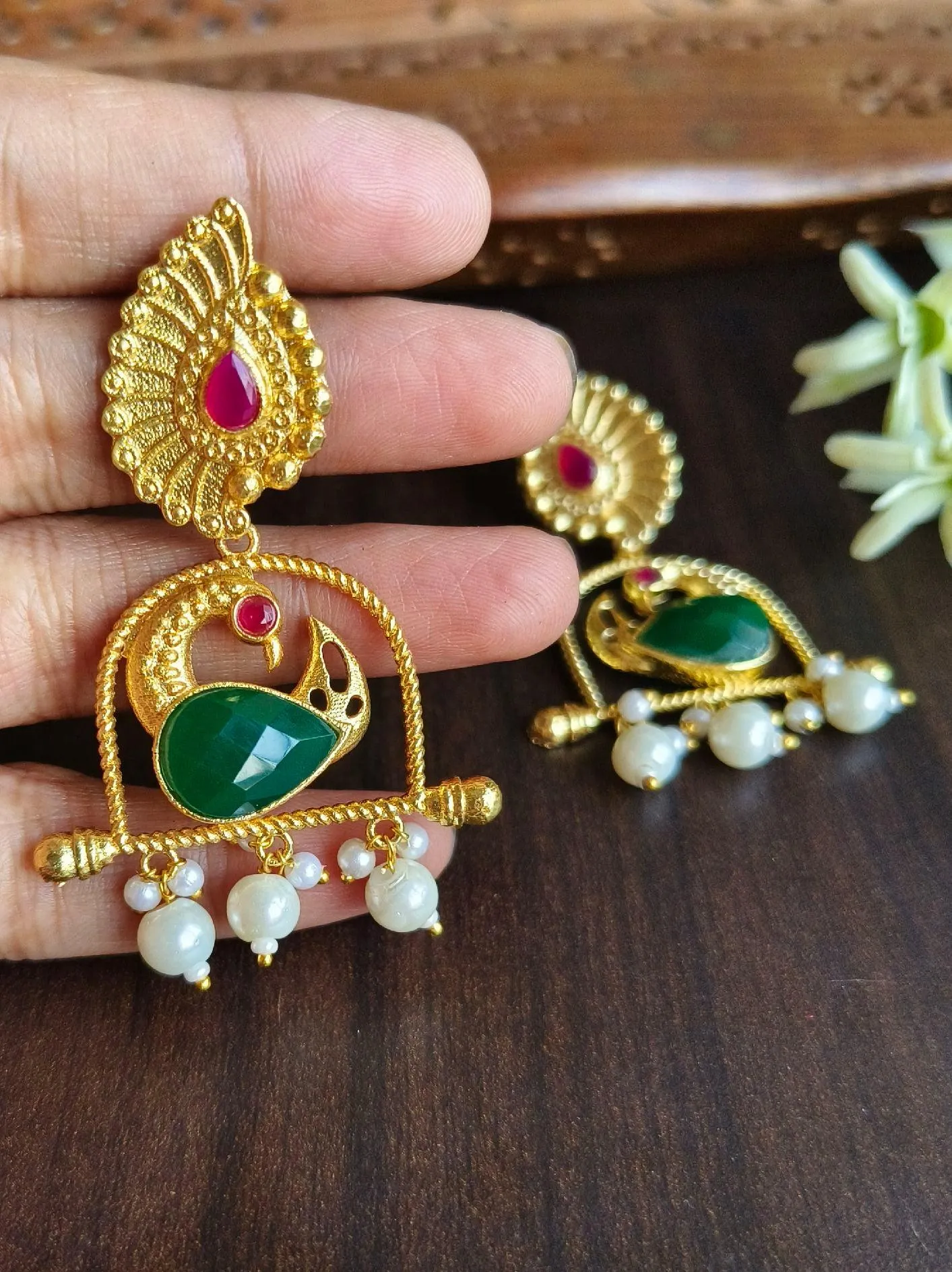 Brass Golden Finish Peacock Danglers with Pearl & Monalisa Stone | Sarichka