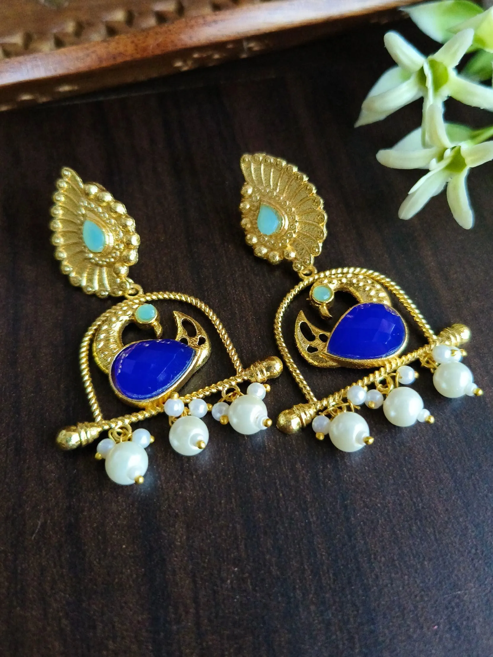 Brass Golden Finish Peacock Danglers with Pearl & Monalisa Stone | Sarichka