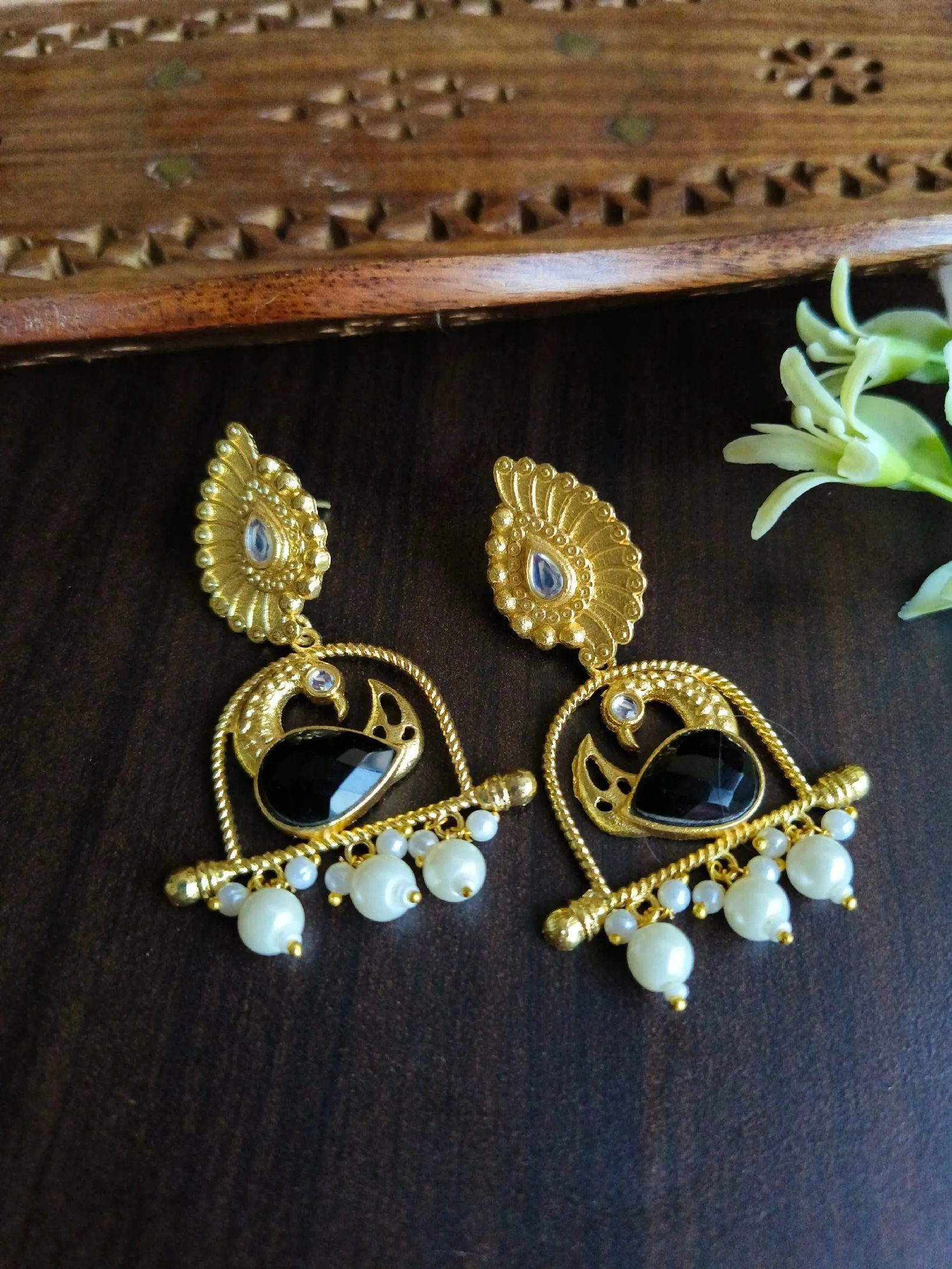 Brass Golden Finish Peacock Danglers with Pearl & Monalisa Stone | Sarichka