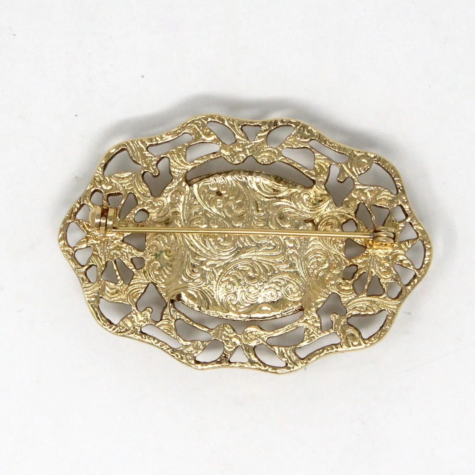 Brooch / Pin, 1928 Jewelry Co, Victorian Style with Pink Rose Porcelain Cameo, Gold Filigree