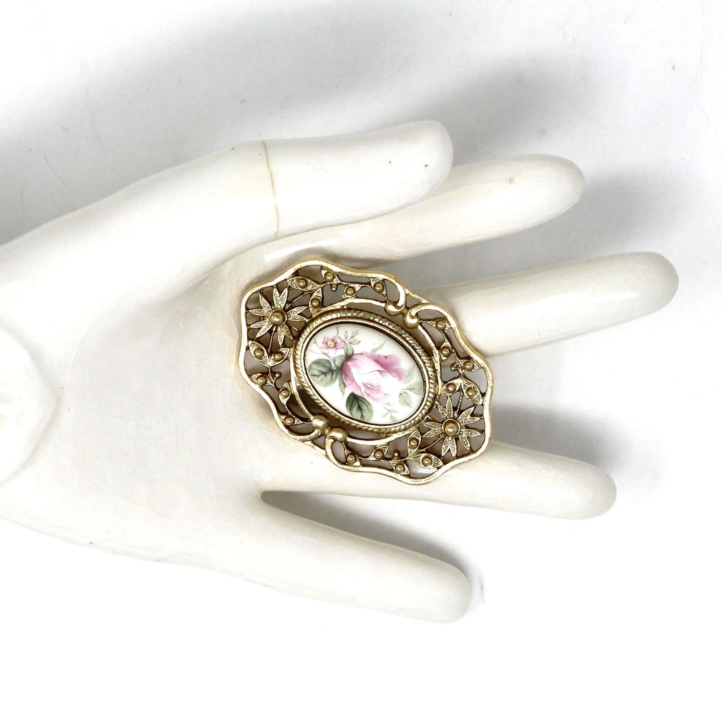 Brooch / Pin, 1928 Jewelry Co, Victorian Style with Pink Rose Porcelain Cameo, Gold Filigree