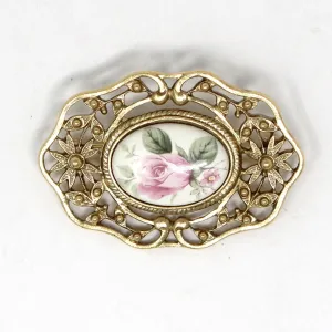 Brooch / Pin, 1928 Jewelry Co, Victorian Style with Pink Rose Porcelain Cameo, Gold Filigree