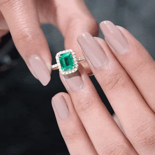 Certified Lab Grown Emerald Halo Engagement Ring with Diamond