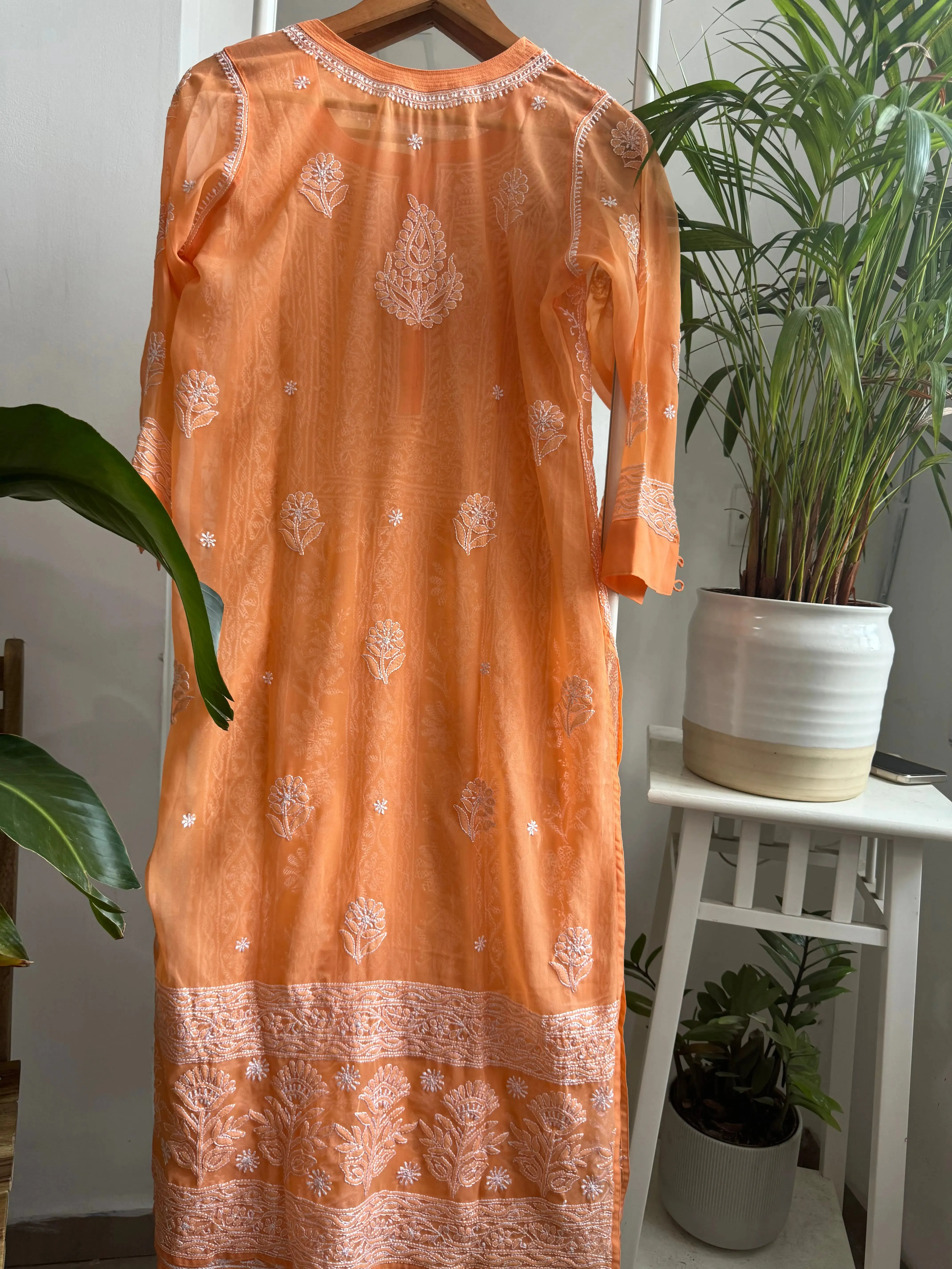 Chikankari Resham Jaal Kurti - Sunset Orange