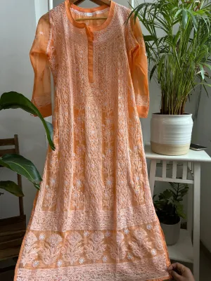 Chikankari Resham Jaal Kurti - Sunset Orange