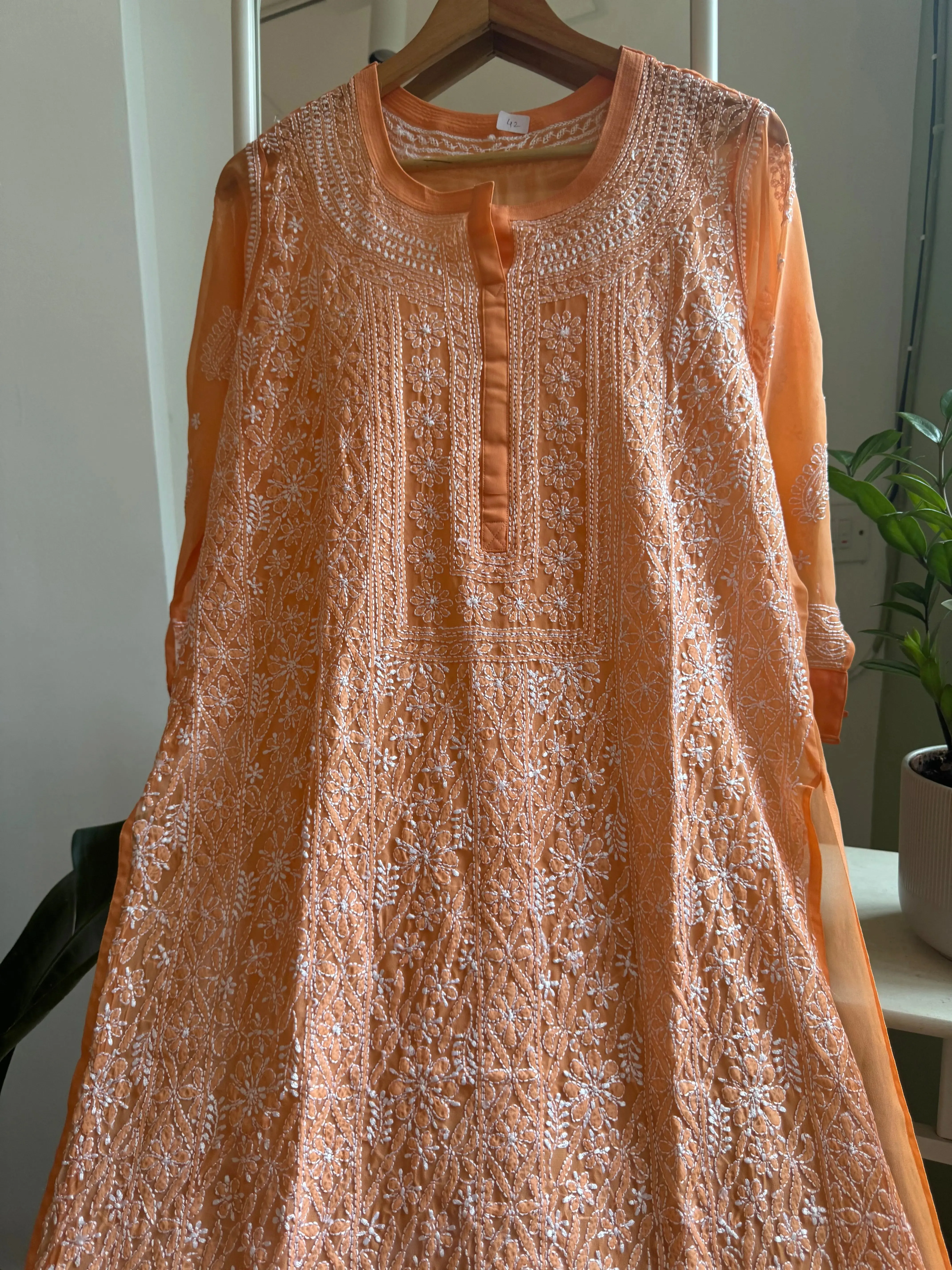 Chikankari Resham Jaal Kurti - Sunset Orange