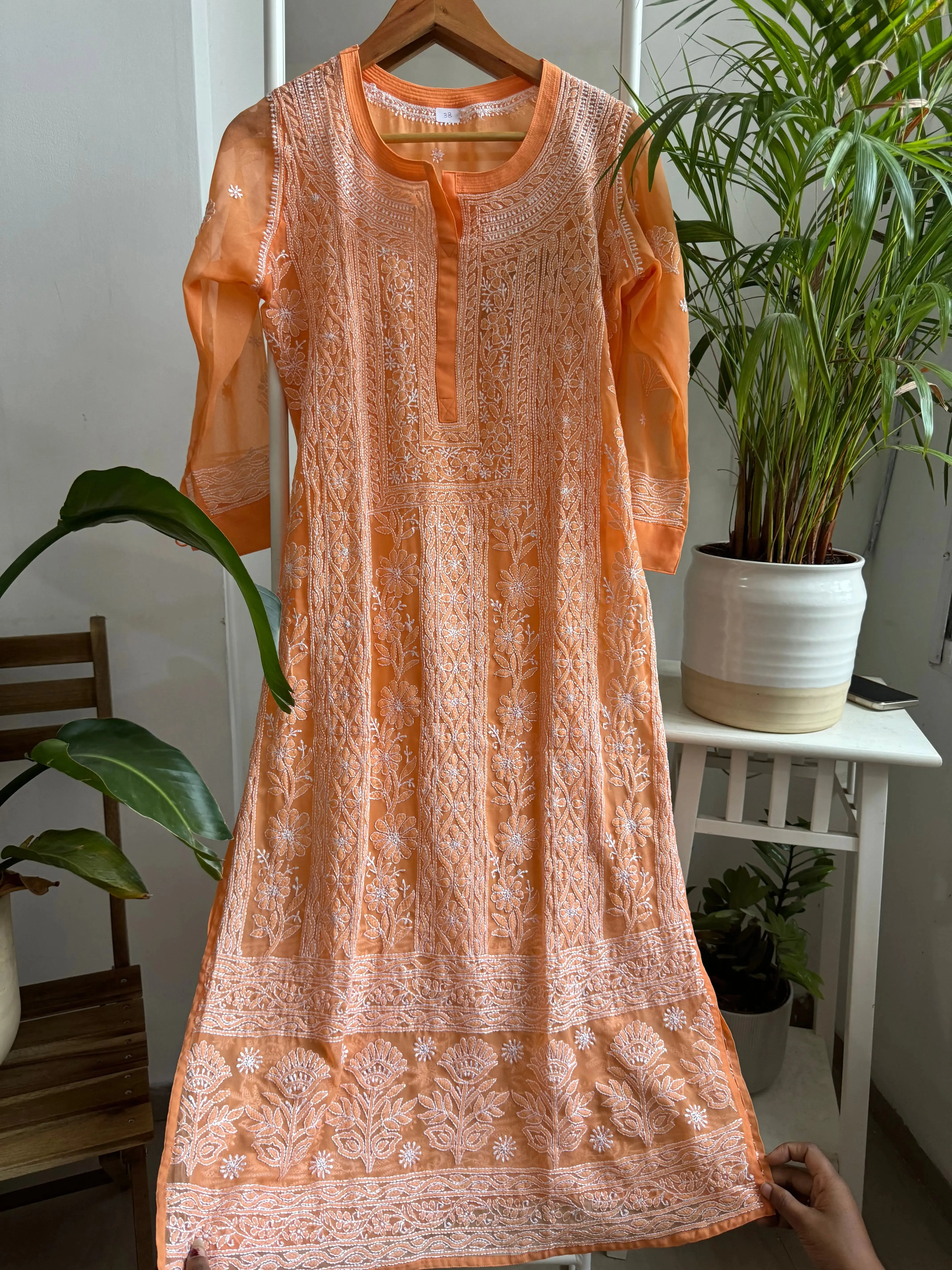 Chikankari Resham Jaal Kurti - Sunset Orange