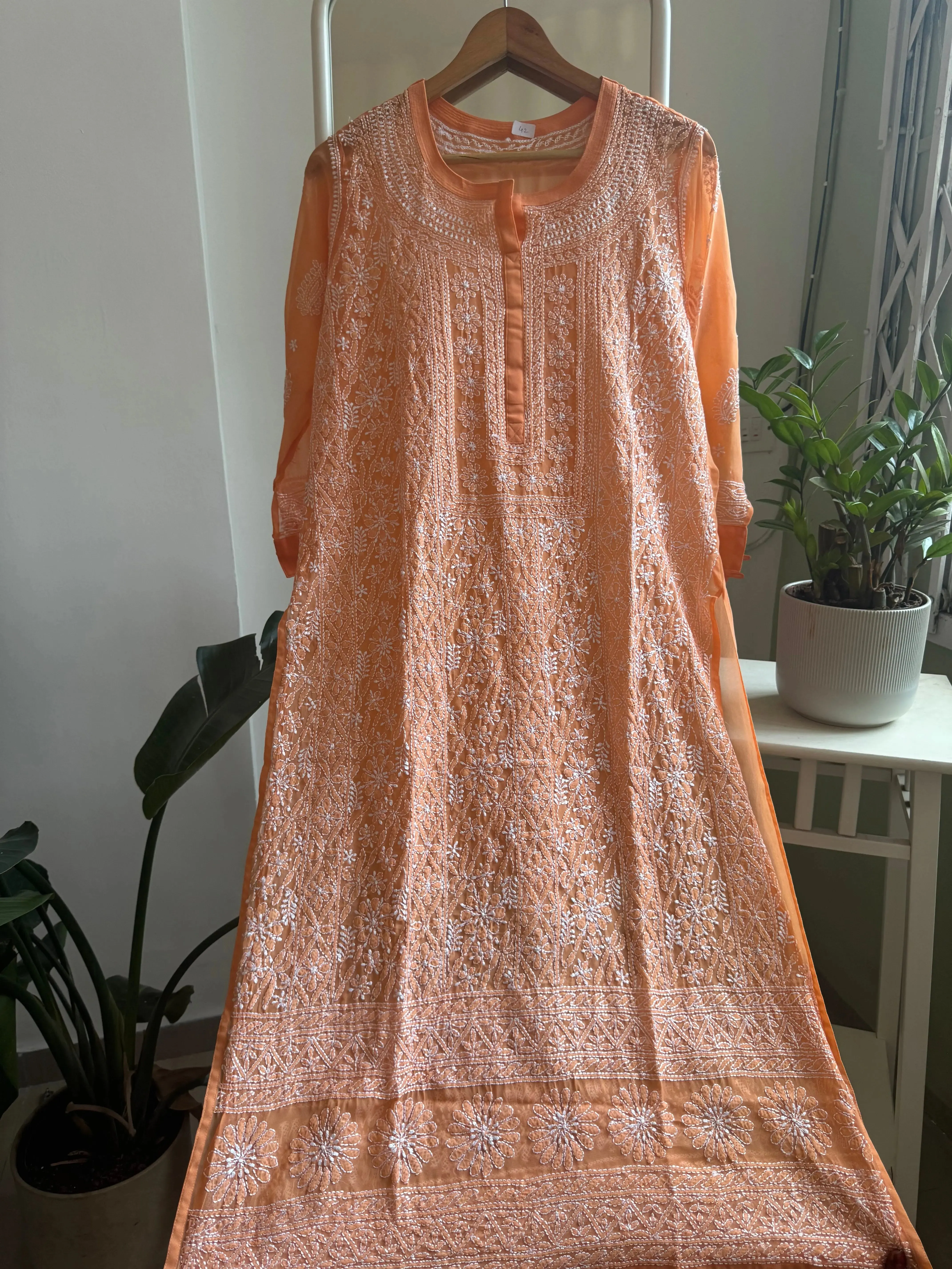 Chikankari Resham Jaal Kurti - Sunset Orange