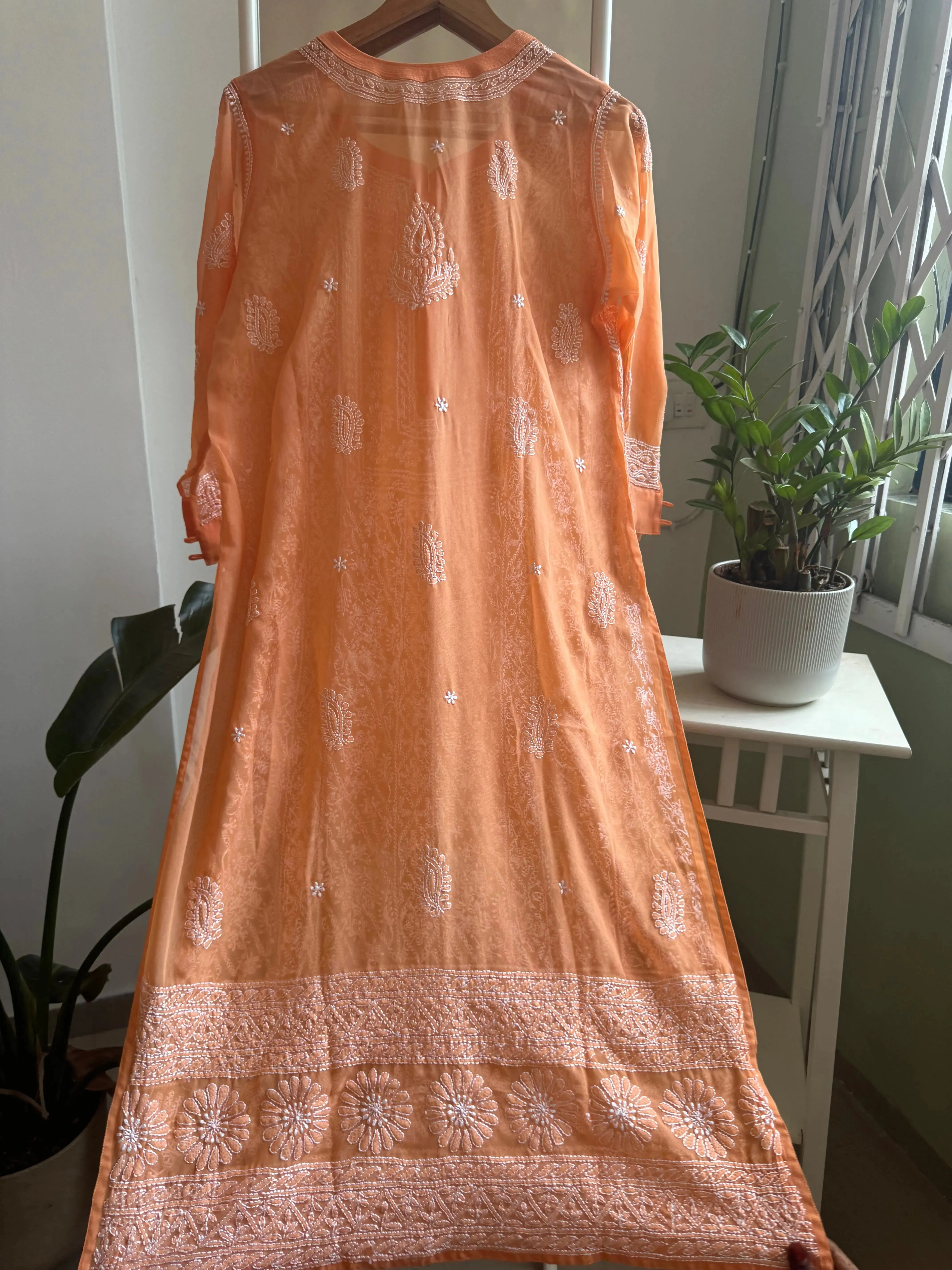 Chikankari Resham Jaal Kurti - Sunset Orange