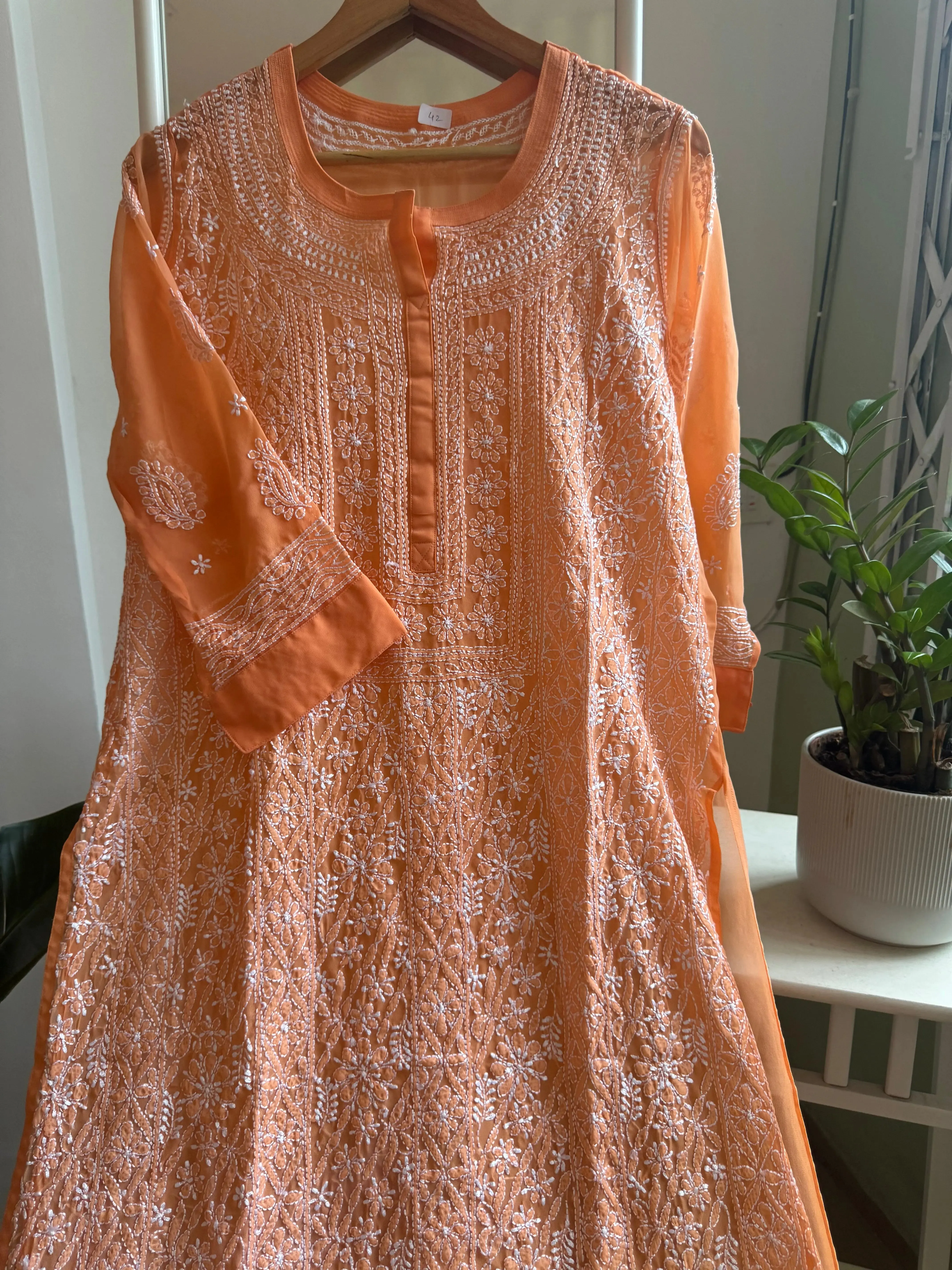 Chikankari Resham Jaal Kurti - Sunset Orange