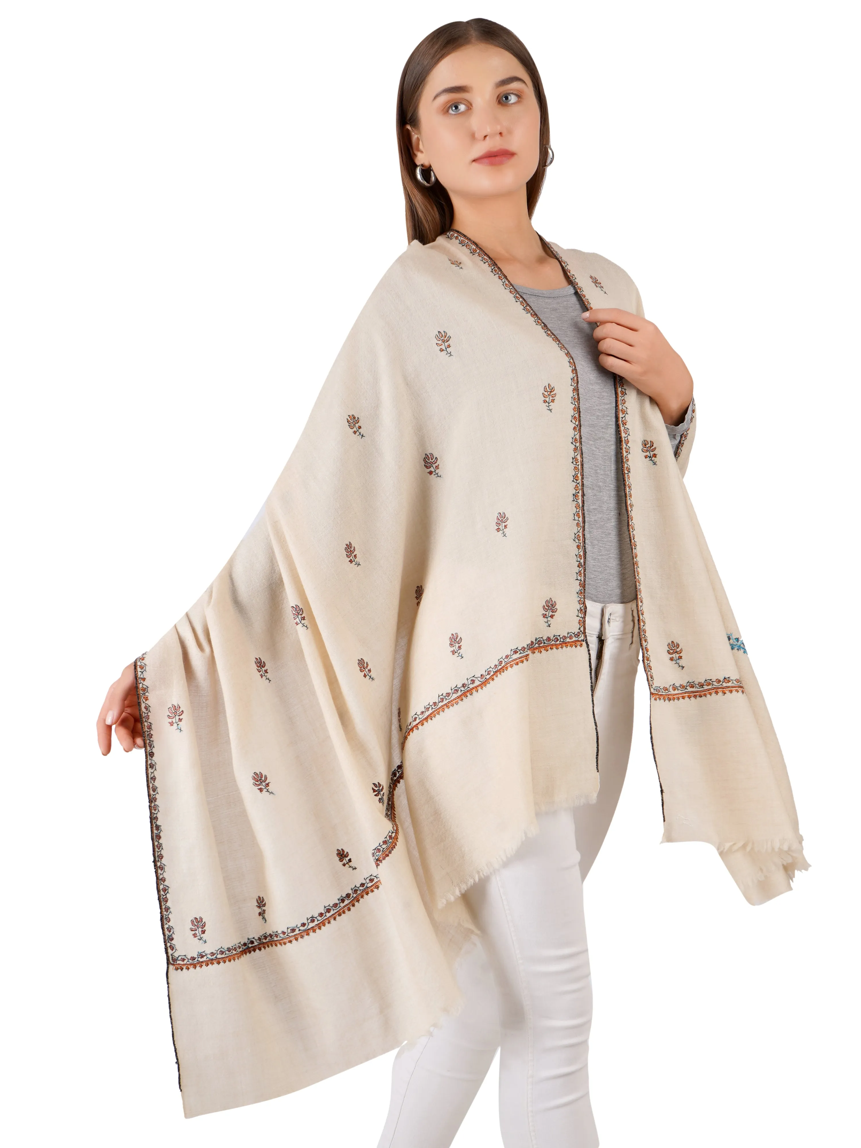 Classic White Pashmina Shawl with Delicate Embroidery