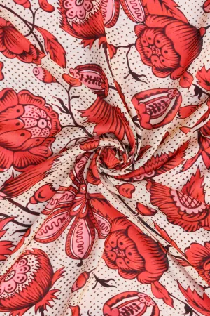 Cream-Red Floral Printed Natural Muslin Silk Fabric