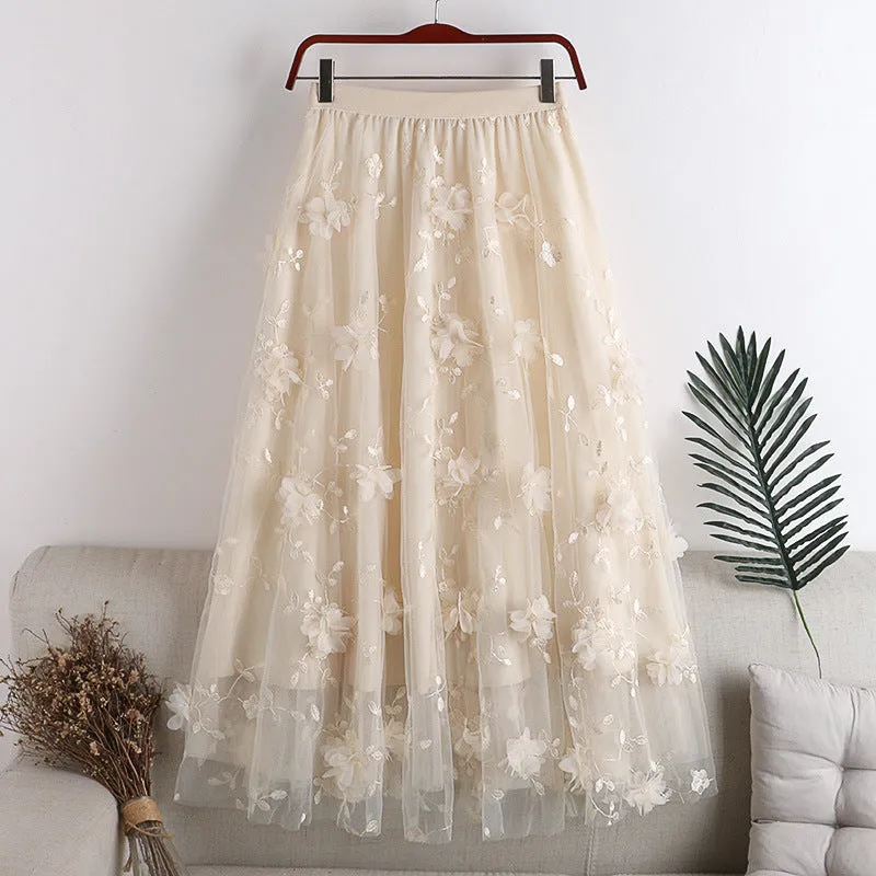 Double Layer Mesh Embroidered Floral Midi Skirt