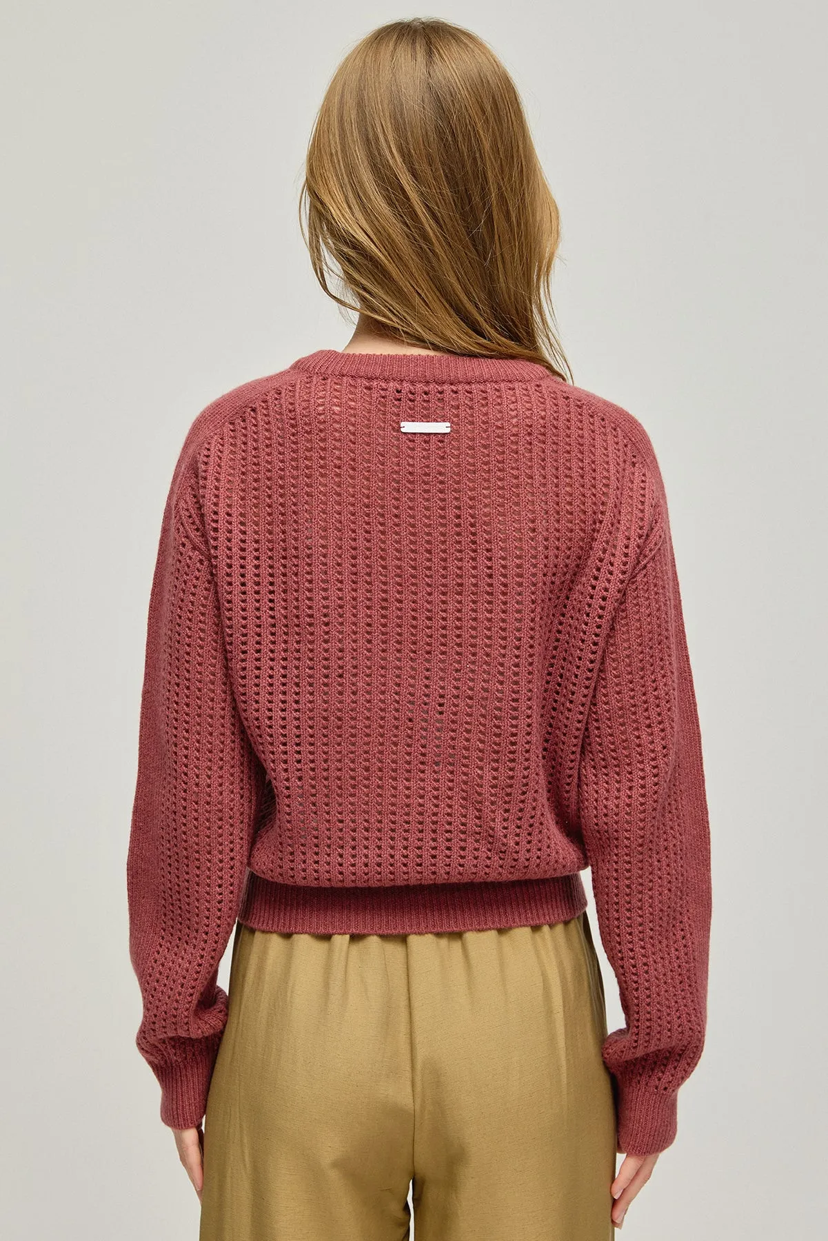 Dusty Rose Pecheuse Pure Cashmere Perforated Round Collar Women's Sweater