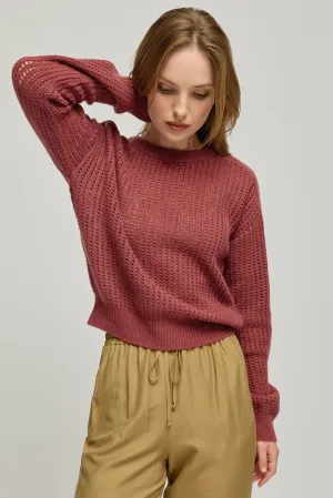 Dusty Rose Pecheuse Pure Cashmere Perforated Round Collar Women's Sweater