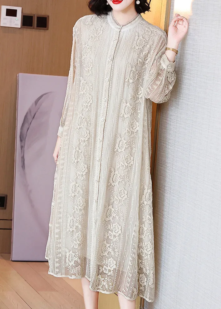 Elegant Beige Embroidered Button Silk Long Dresses Long Sleeve OP1091