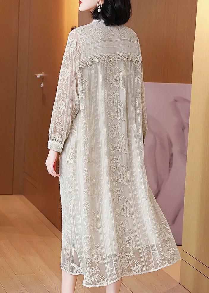 Elegant Beige Embroidered Button Silk Long Dresses Long Sleeve OP1091