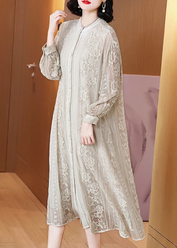 Elegant Beige Embroidered Button Silk Long Dresses Long Sleeve OP1091