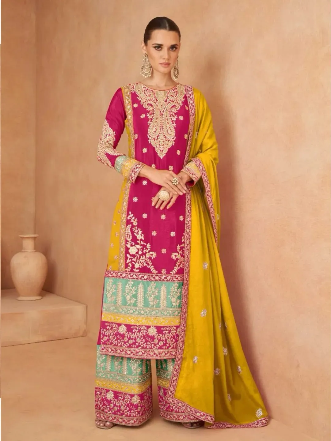 Elegant Designer Pure Chinon Embroidered Palazzo Suit