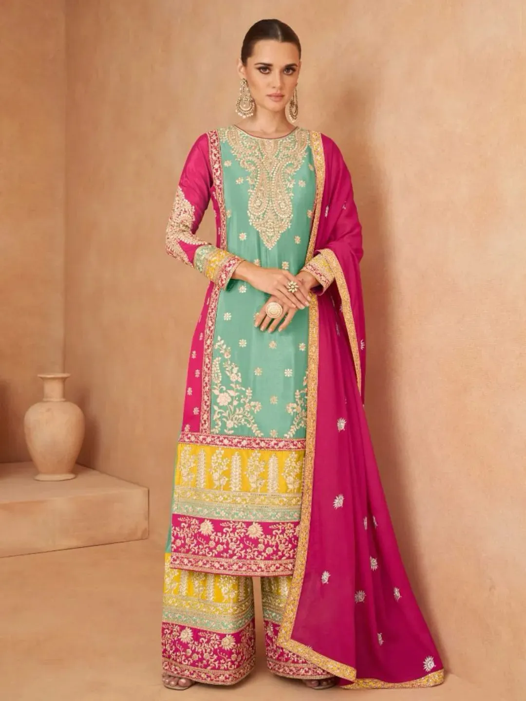 Elegant Designer Pure Chinon Embroidered Palazzo Suit