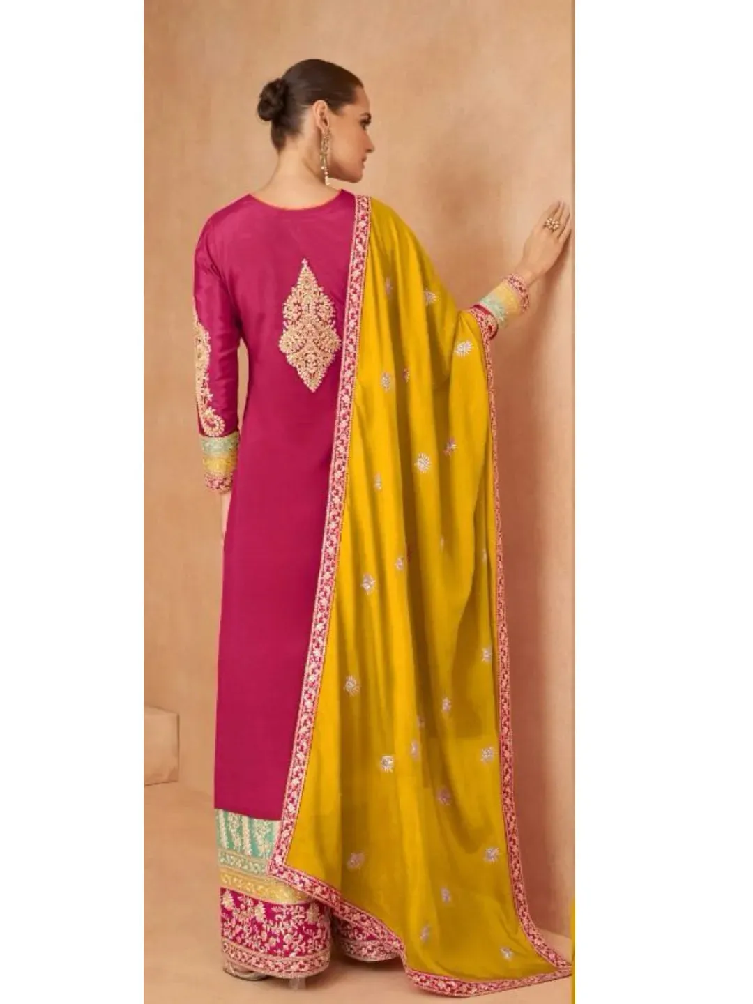 Elegant Designer Pure Chinon Embroidered Palazzo Suit