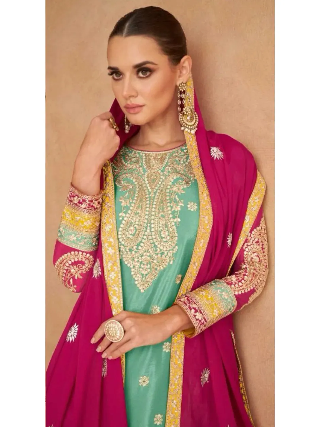 Elegant Designer Pure Chinon Embroidered Palazzo Suit