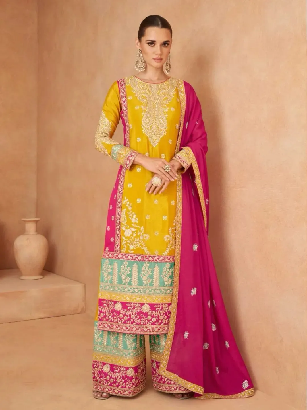 Elegant Designer Pure Chinon Embroidered Palazzo Suit