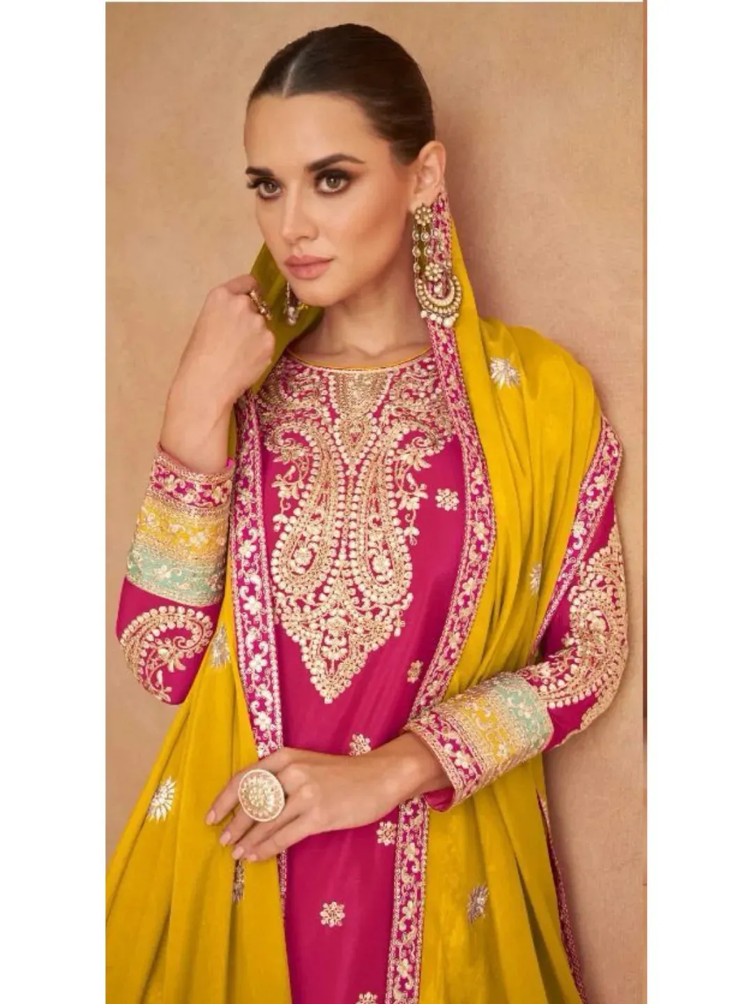 Elegant Designer Pure Chinon Embroidered Palazzo Suit