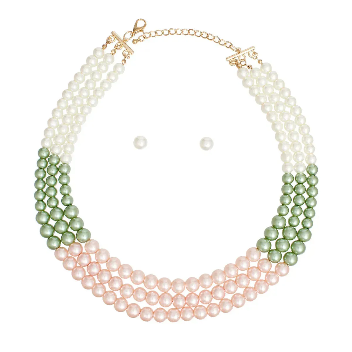 Elegant Multi-Strand Pearl Necklace and Earring Set - White, Green, and Pink Pearls | Fashion Jewelry