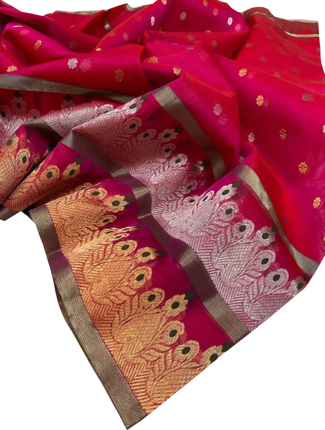 Elegant Pink Chanderi Handloom Pure Katan Organza Silk Saree