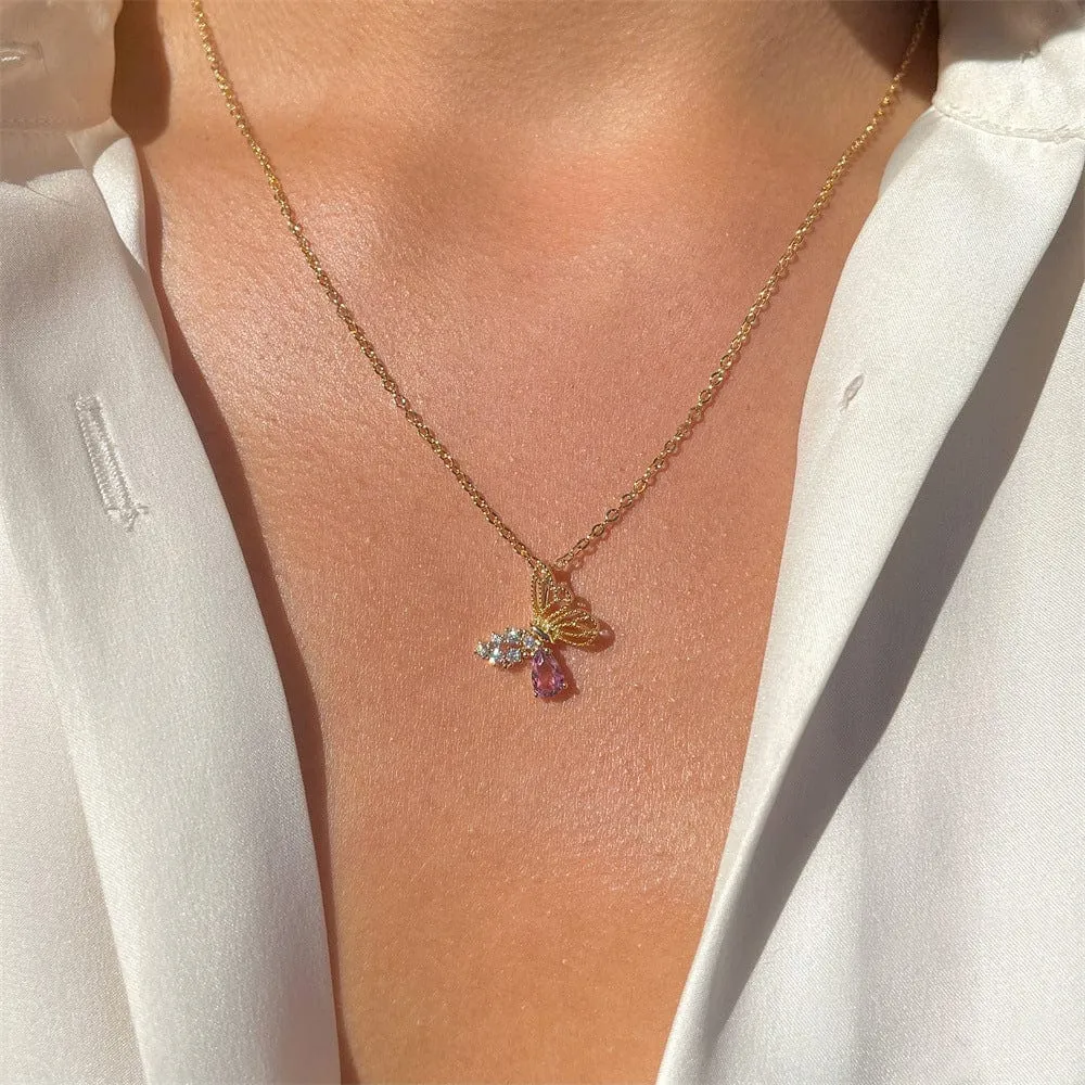 Elegant Pink Crystal Hollowed-out Butterfly Necklace