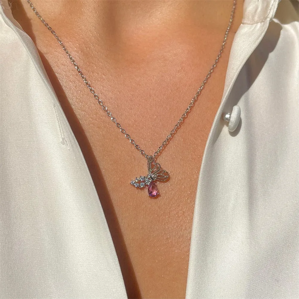 Elegant Pink Crystal Hollowed-out Butterfly Necklace