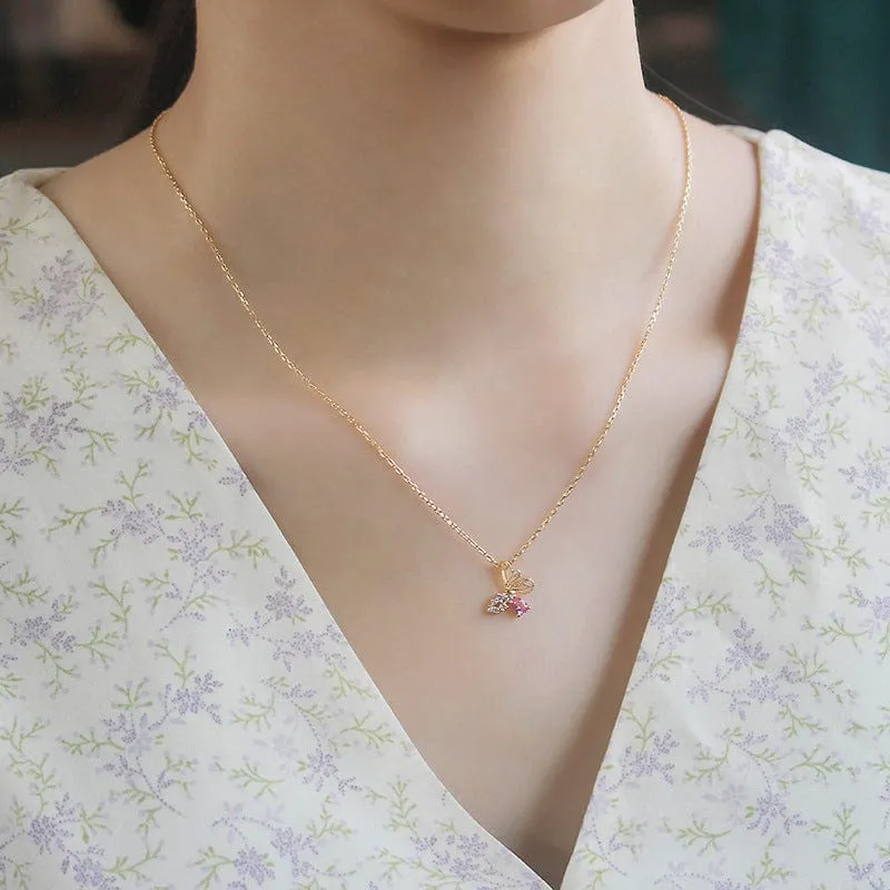 Elegant Pink Crystal Hollowed-out Butterfly Necklace