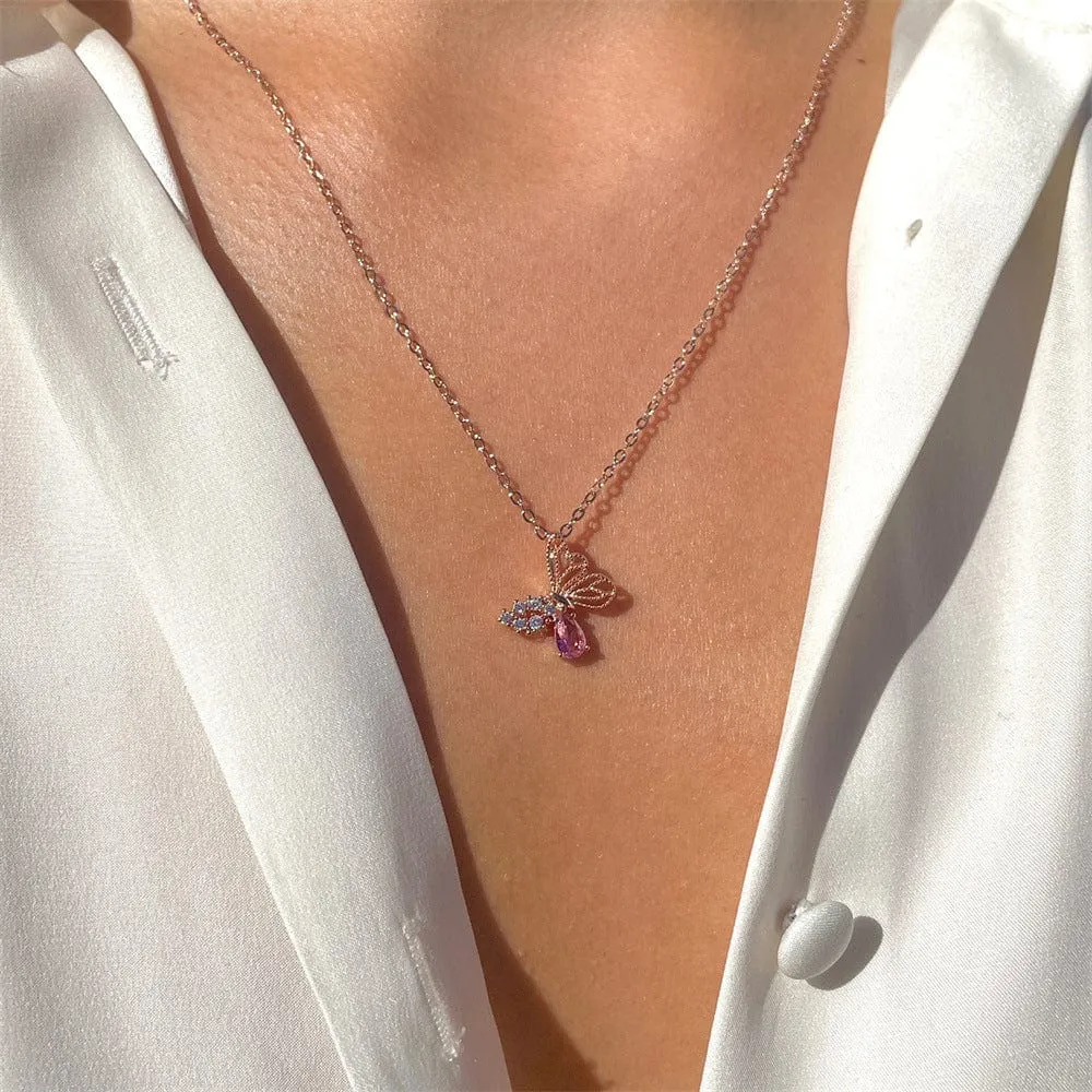 Elegant Pink Crystal Hollowed-out Butterfly Necklace