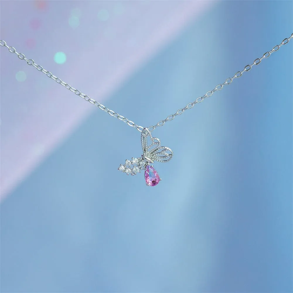 Elegant Pink Crystal Hollowed-out Butterfly Necklace