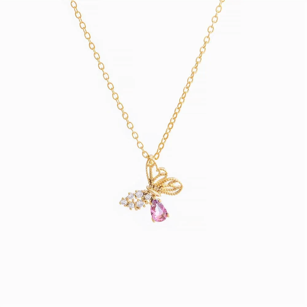 Elegant Pink Crystal Hollowed-out Butterfly Necklace