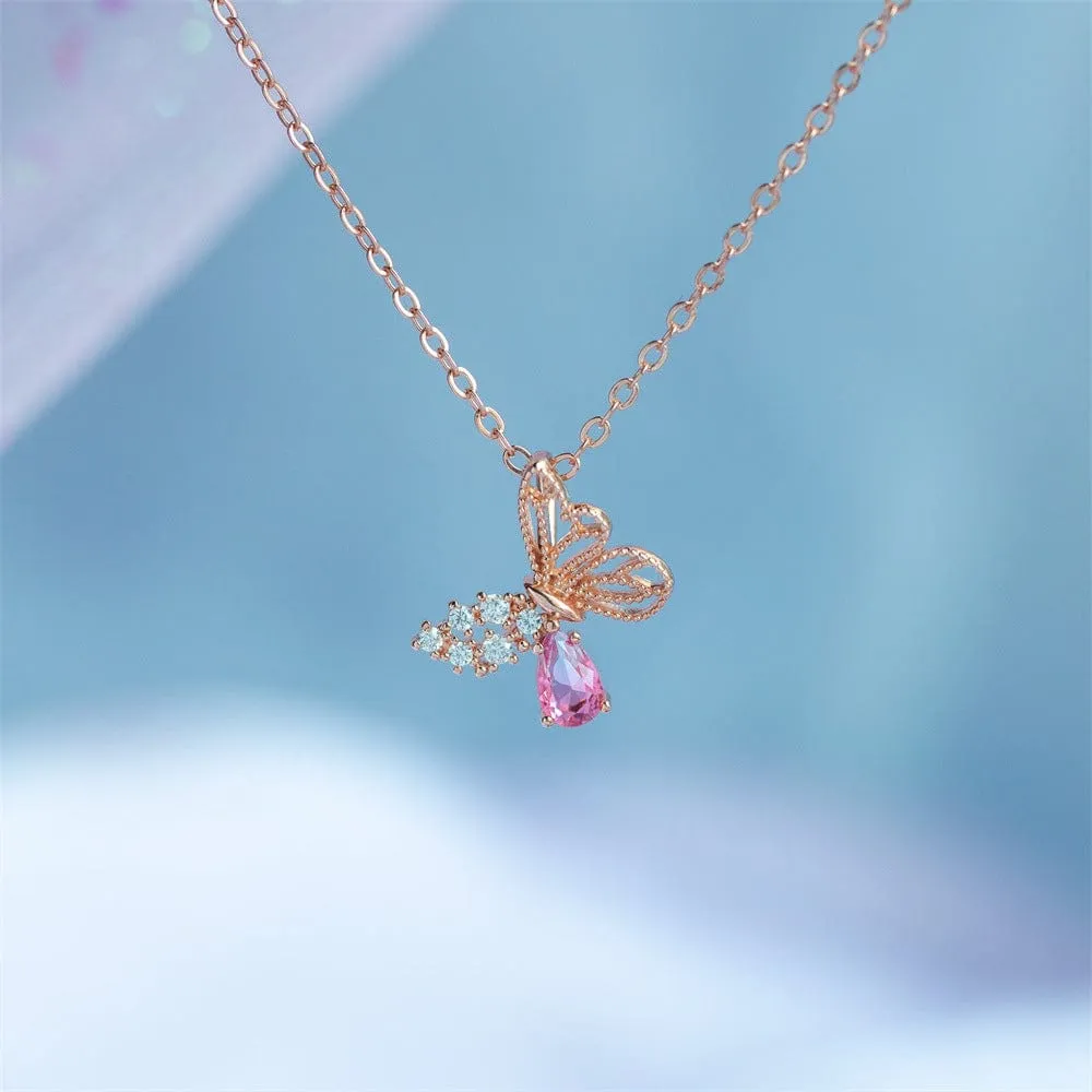 Elegant Pink Crystal Hollowed-out Butterfly Necklace