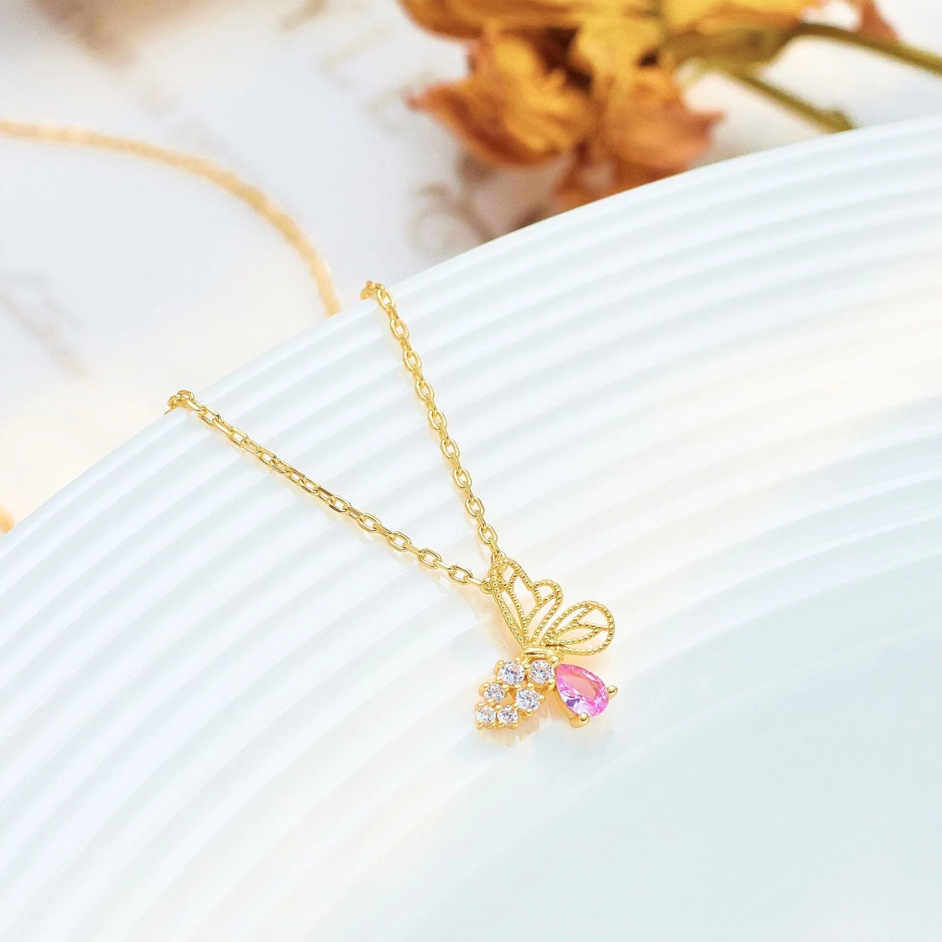 Elegant Pink Crystal Hollowed-out Butterfly Necklace