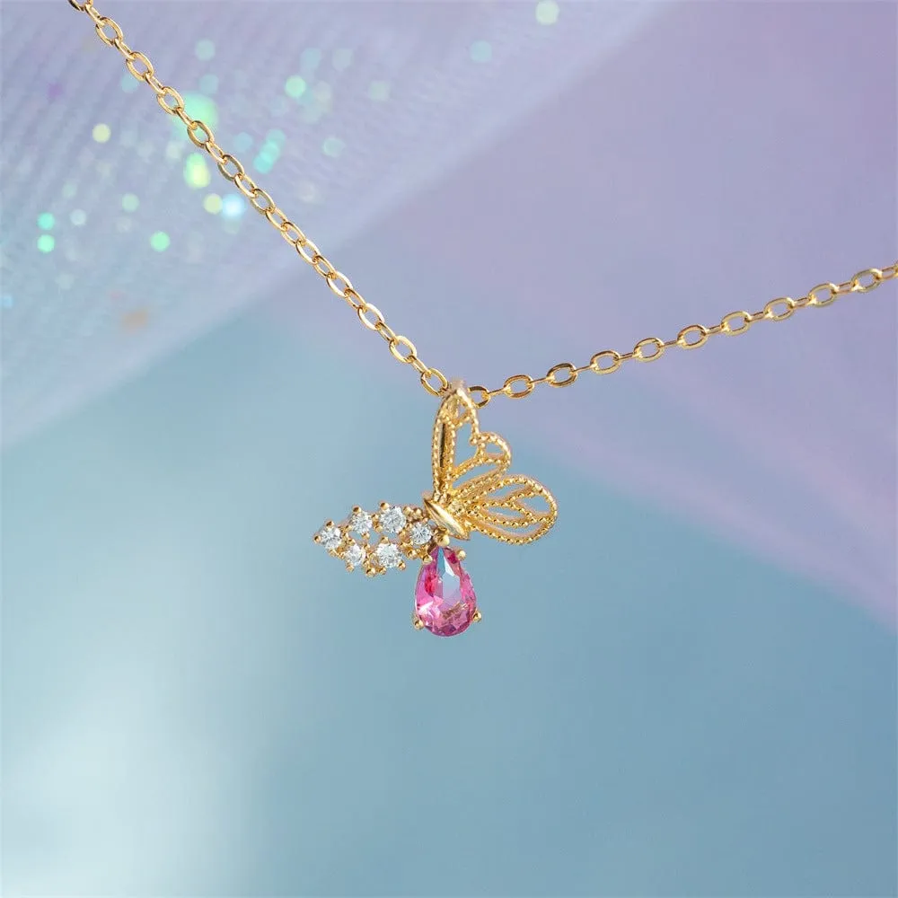 Elegant Pink Crystal Hollowed-out Butterfly Necklace