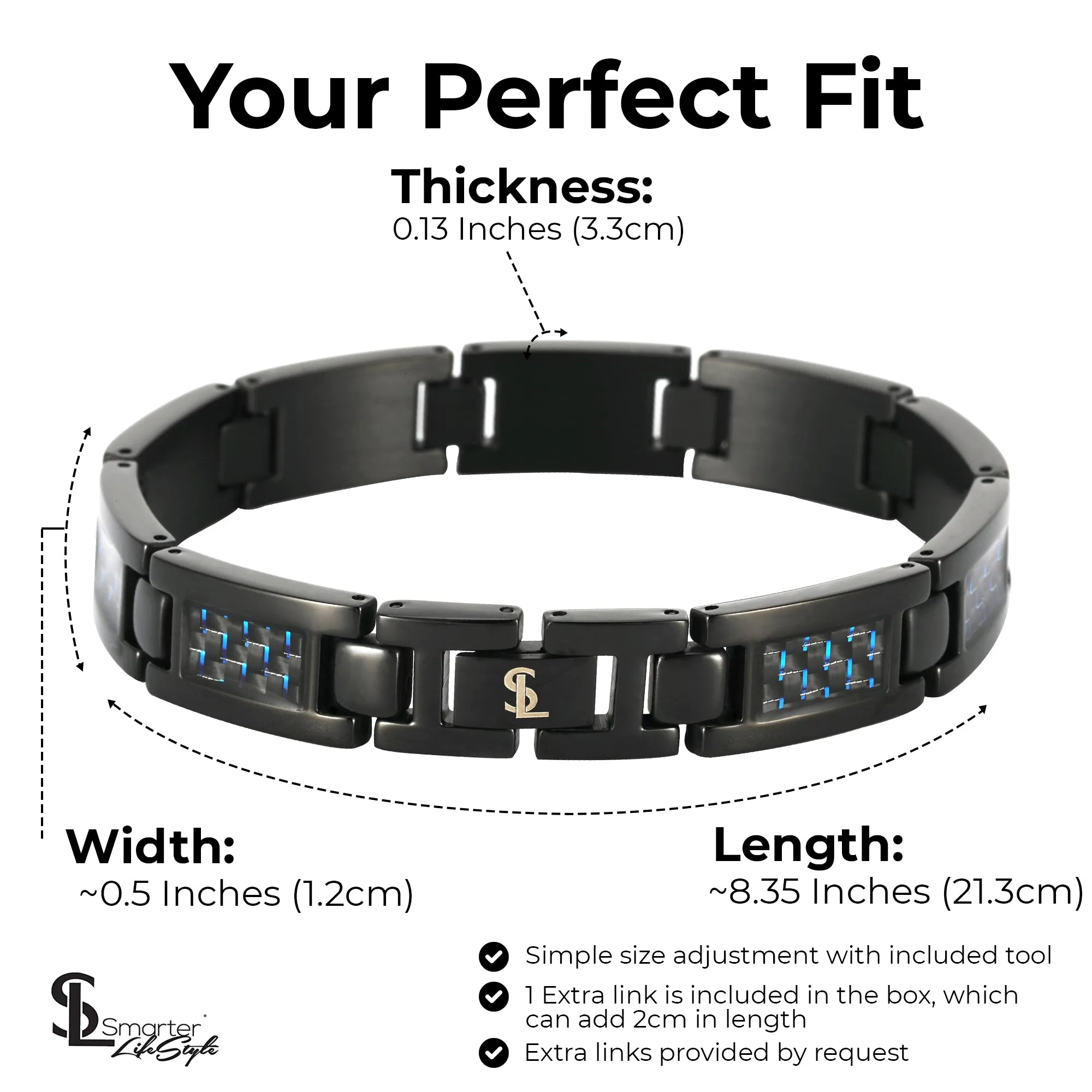 Elegant Surgical Grade Steel Men's Carbon Fiber Bracelet (Black Bracelet - Blue Carbon Fiber)