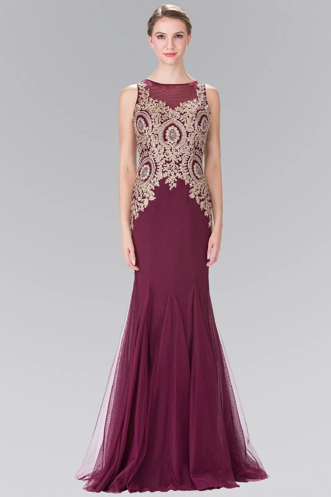 Embroidered Bodice Long Dress with Sheer Back