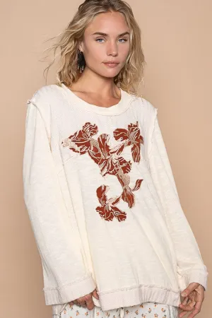 Embroidered Round Neck Long Sleeve Knit Top