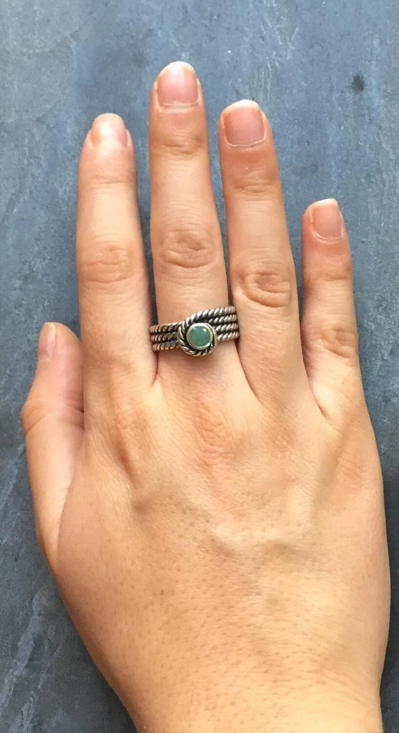 Emerald Bezel Ring - Triple Band Ring - Silver Rope Band