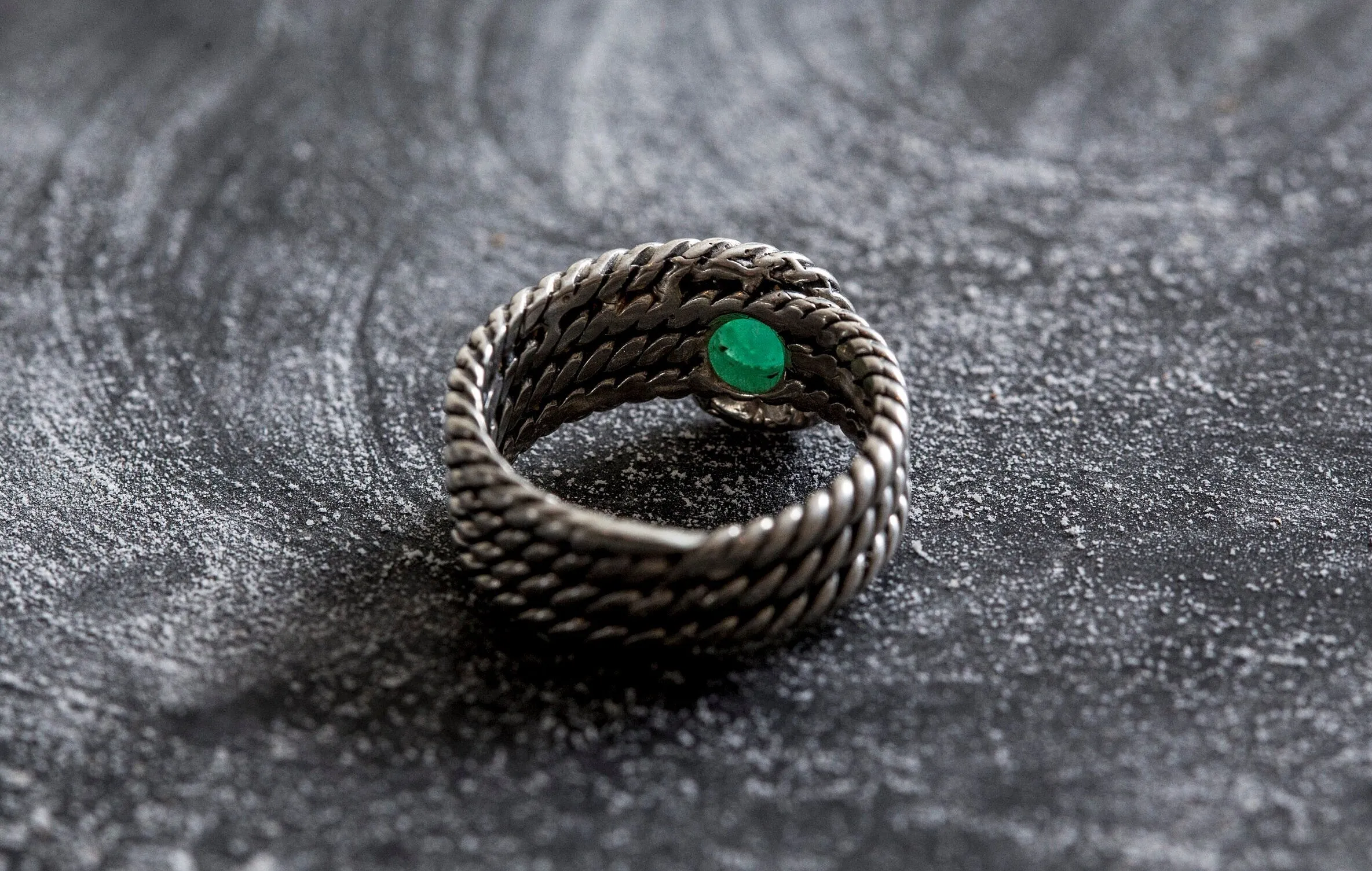 Emerald Bezel Ring - Triple Band Ring - Silver Rope Band