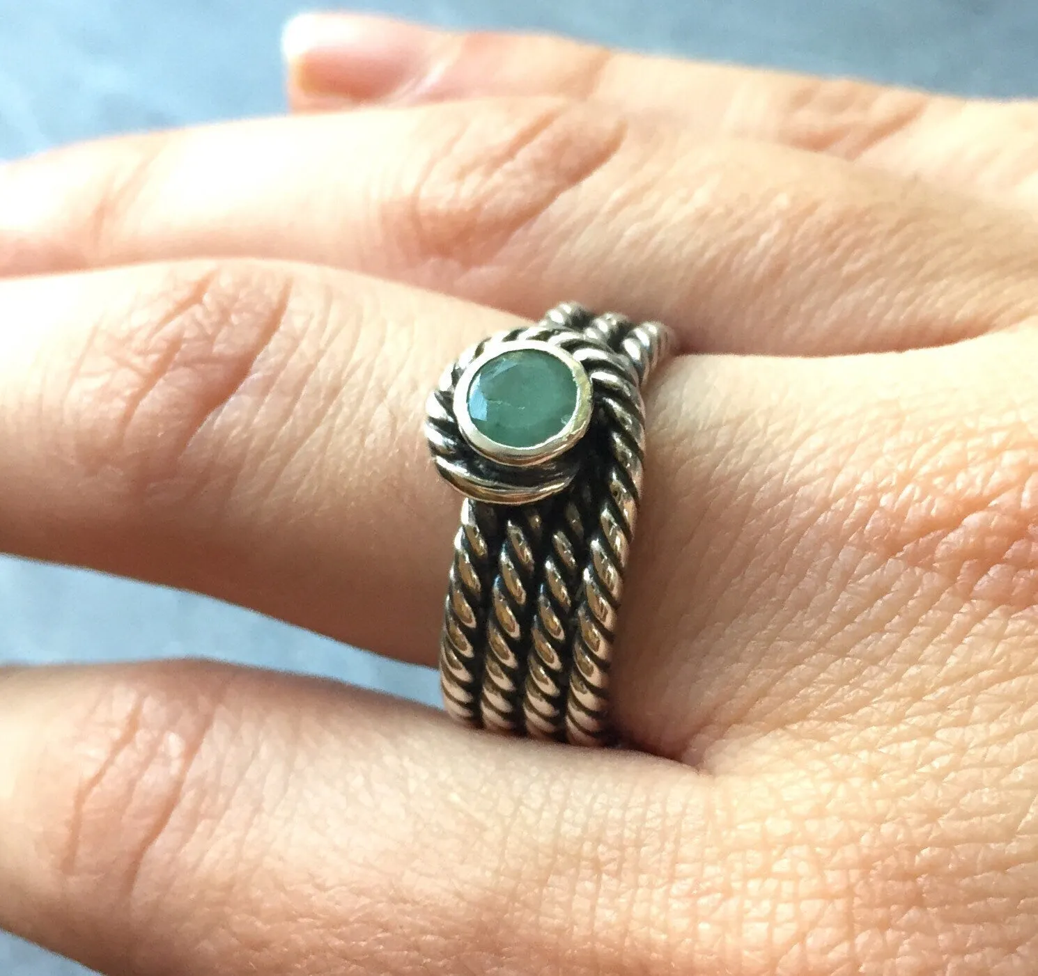 Emerald Bezel Ring - Triple Band Ring - Silver Rope Band