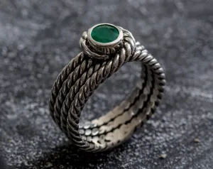 Emerald Bezel Ring - Triple Band Ring - Silver Rope Band