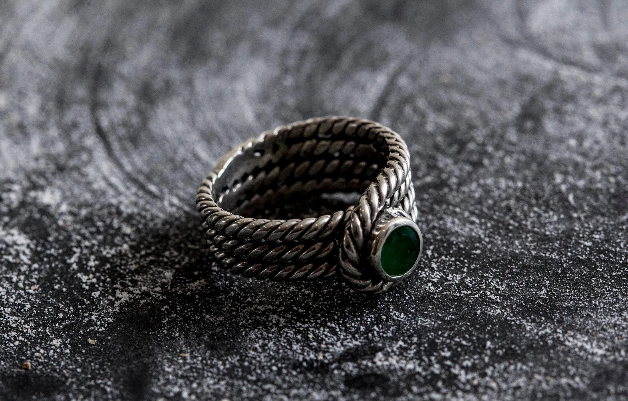 Emerald Bezel Ring - Triple Band Ring - Silver Rope Band