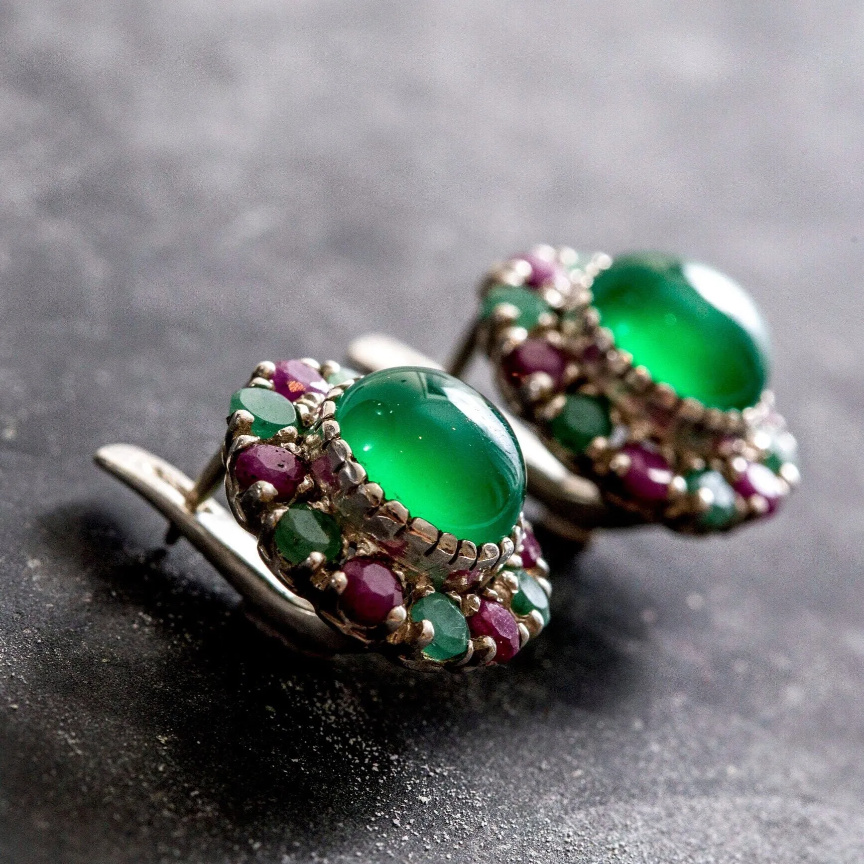 Emerald Flower Earrings - Ruby Victorian Earrings - Green Statement Earrings