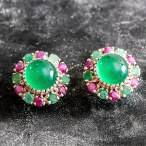 Emerald Flower Earrings - Ruby Victorian Earrings - Green Statement Earrings